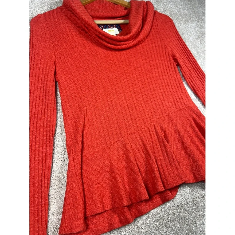Anthropologie Mauve XS Orange Ribbed‎ Sweater Cowl Neck Peplum Top Knit Retro
